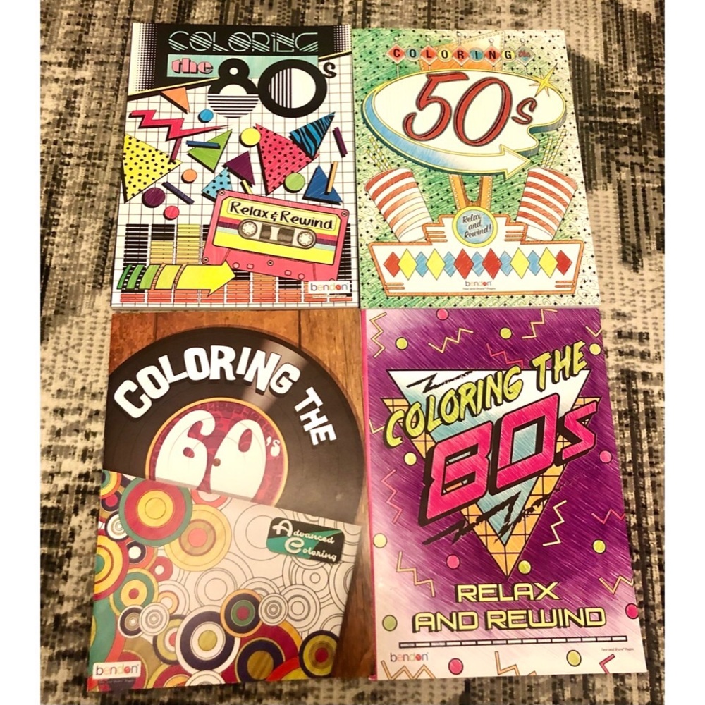 Bundle of 4 adult coloring books, stress relief. 50’s 60’s 80’s